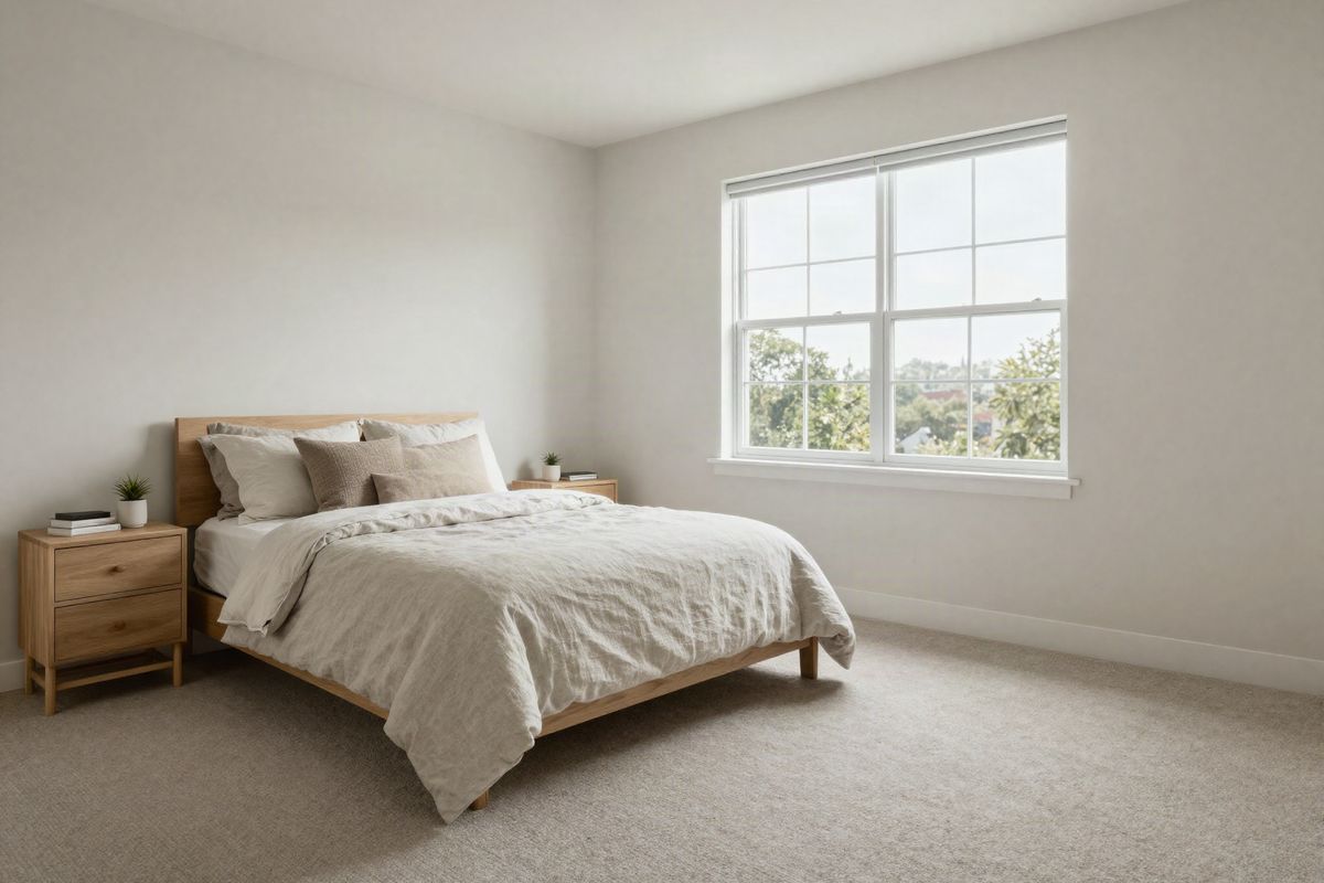 Primary bedroom with a tray ceiling and a large window