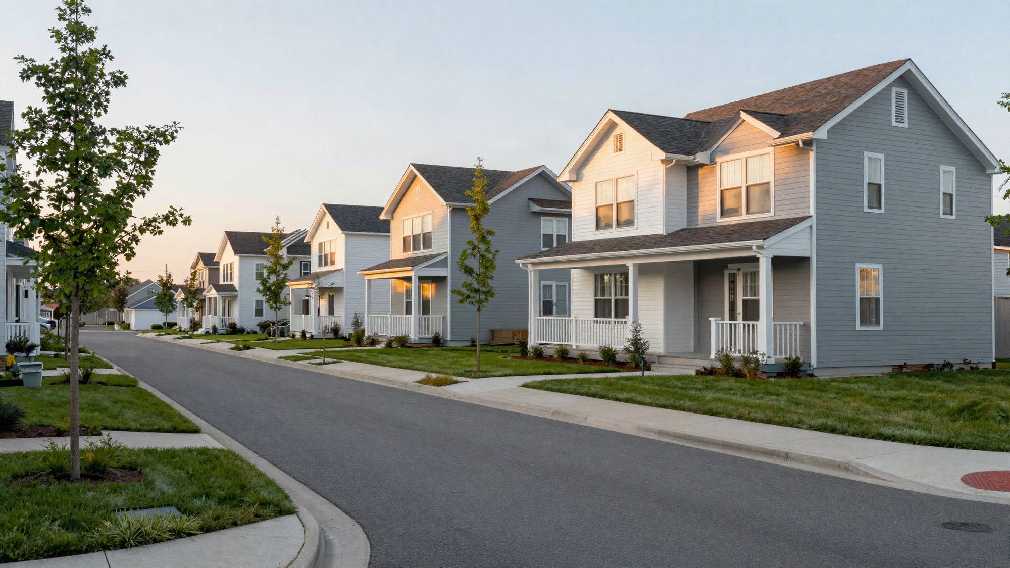 A curving street of new single-family rental homes at Harlow Park at sunset