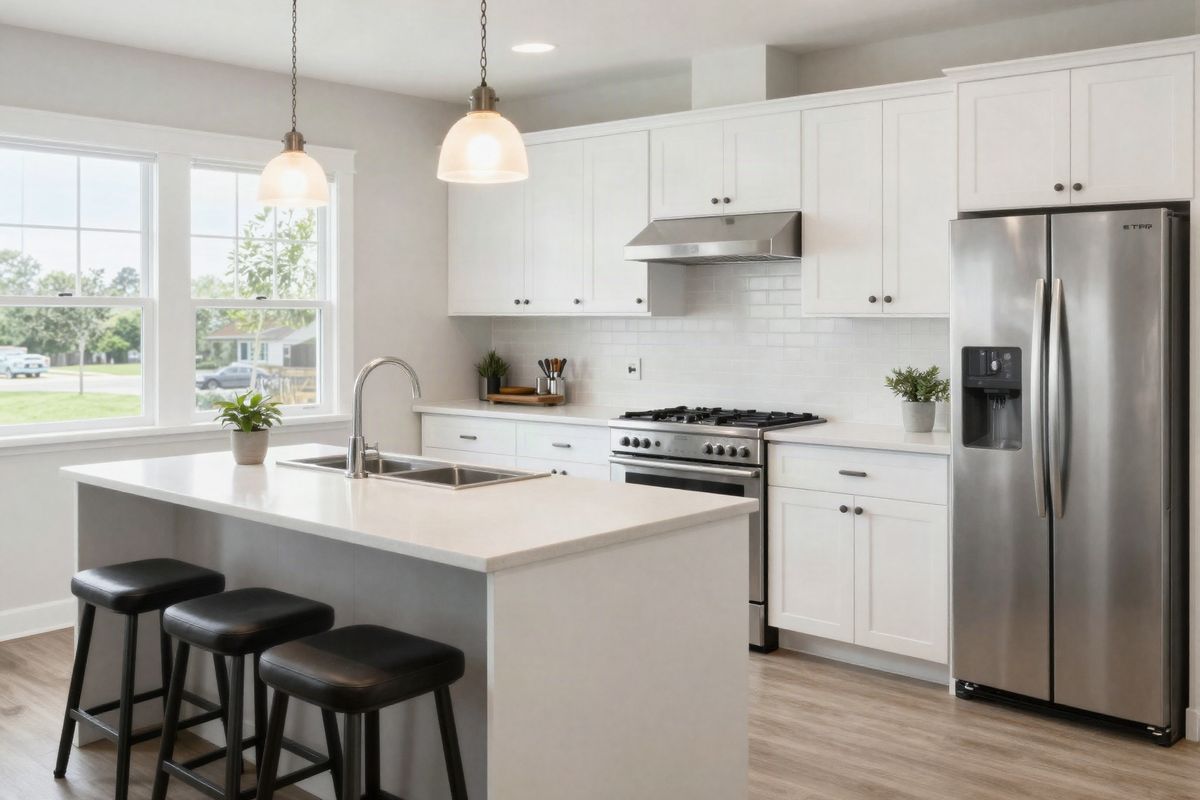 Kitchen with white shaker cabinets, a quartz island and stainless appliances