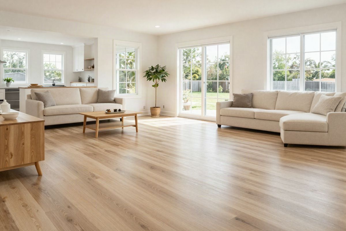 Open living room with wood-look floors and big windows