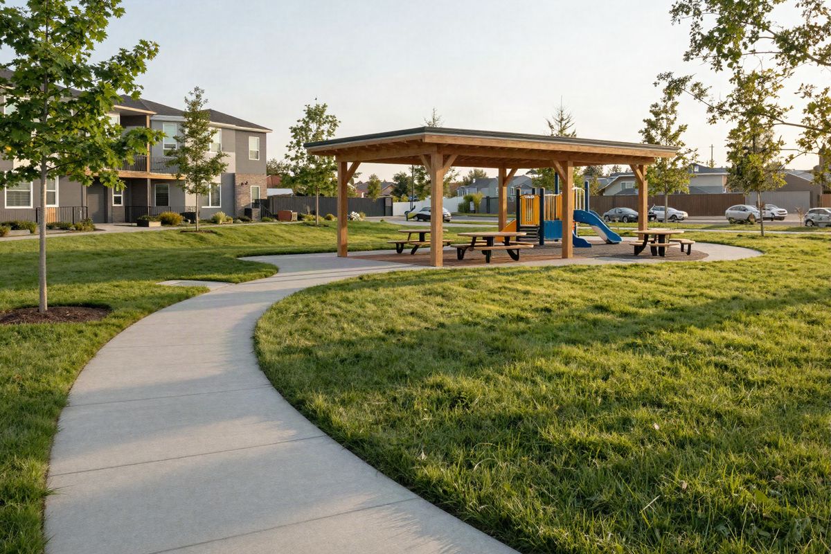 The community park with a paved trail, playground and wood pavilion