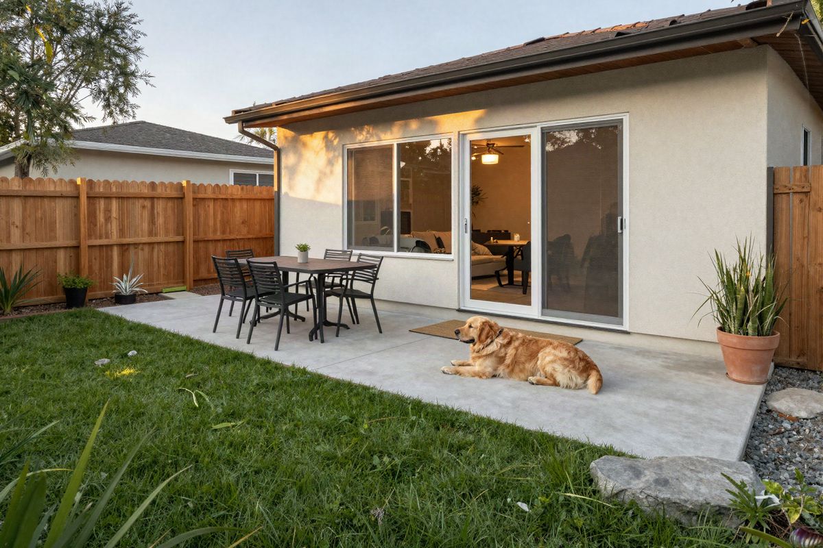 A fenced back yard with a covered patio and a golden retriever on the lawn