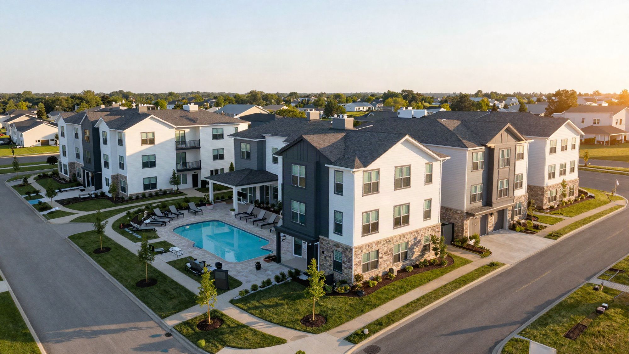 An aerial view of Kestrel Ridge: white and charcoal three-story buildings around a resort-style pool at sunset