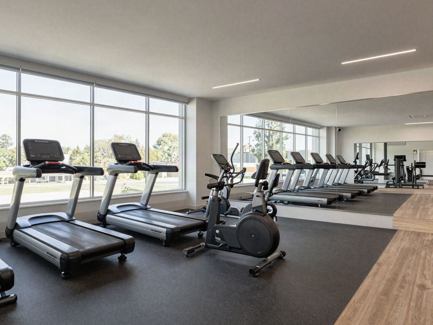 The fitness center with treadmills, free weights and a stretching area