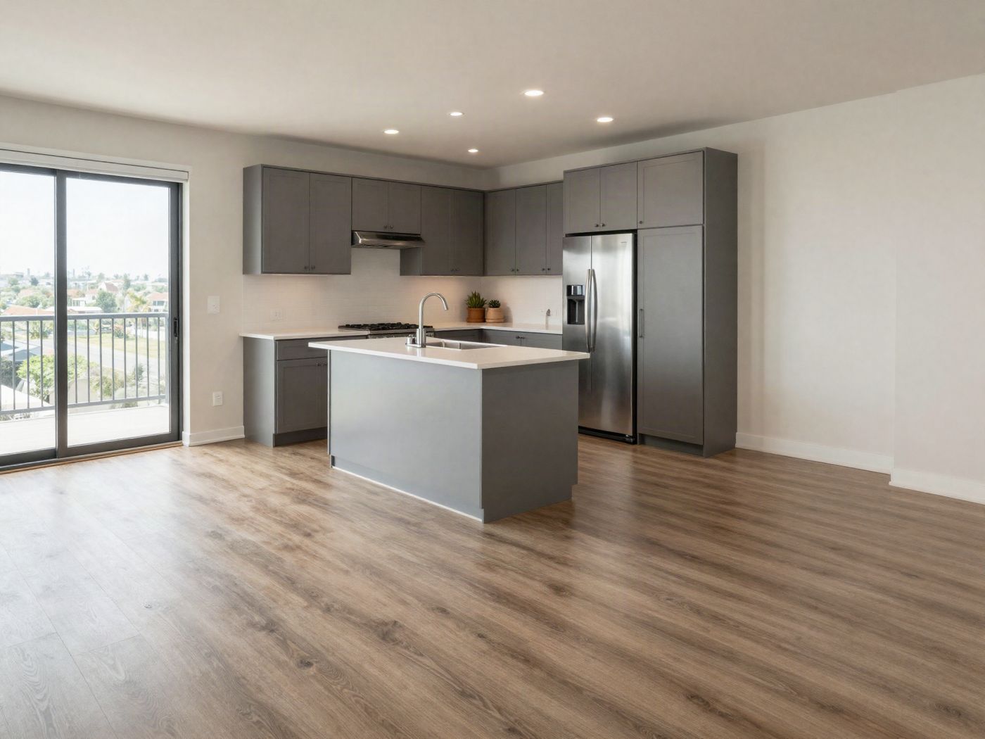 A living room open to the kitchen with plank flooring and quartz counters
