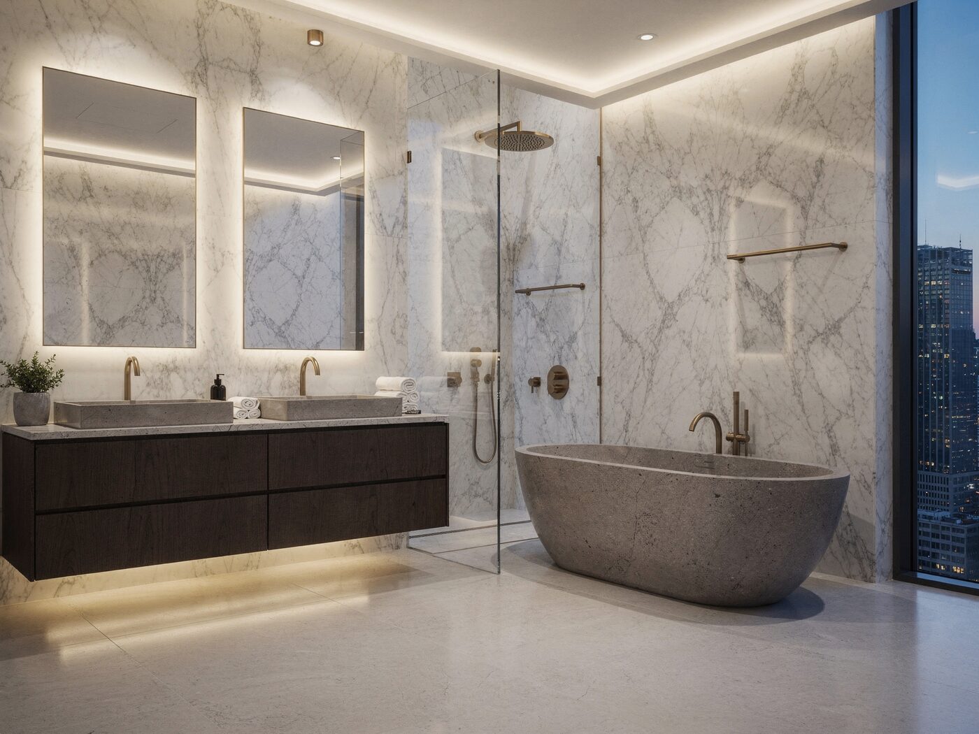 Primary bath with freestanding tub and city view