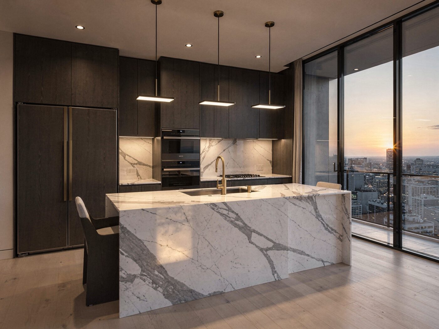 Kitchen with marble waterfall island