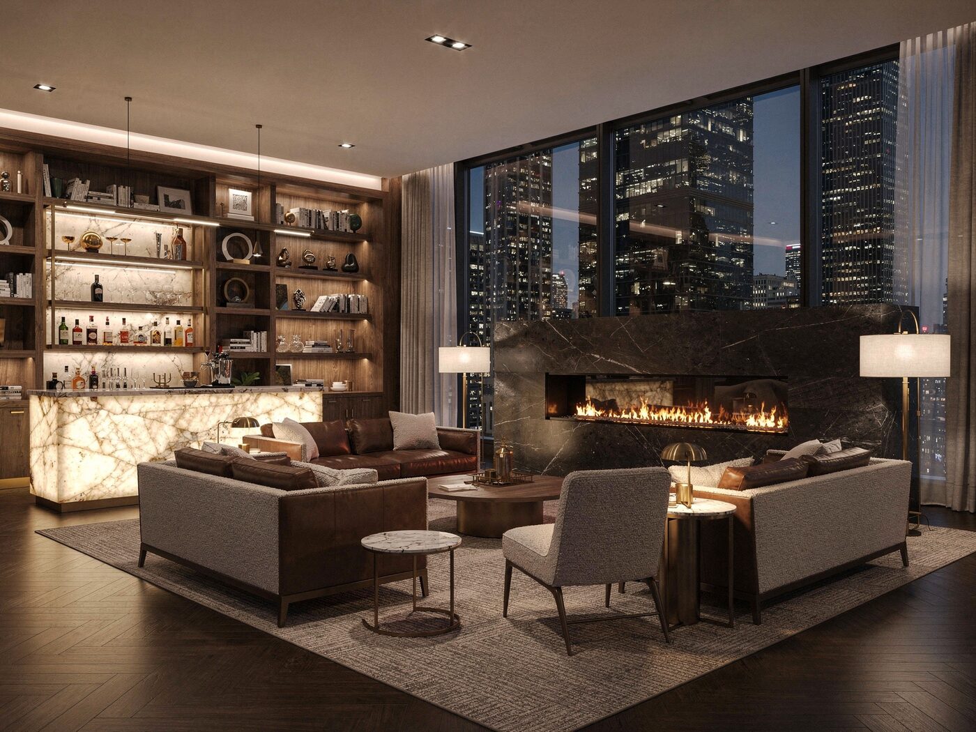 The residents' club with fireplace and bar