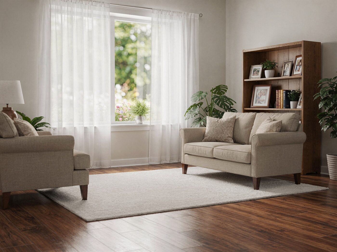Bright living room with an armchair by a garden window