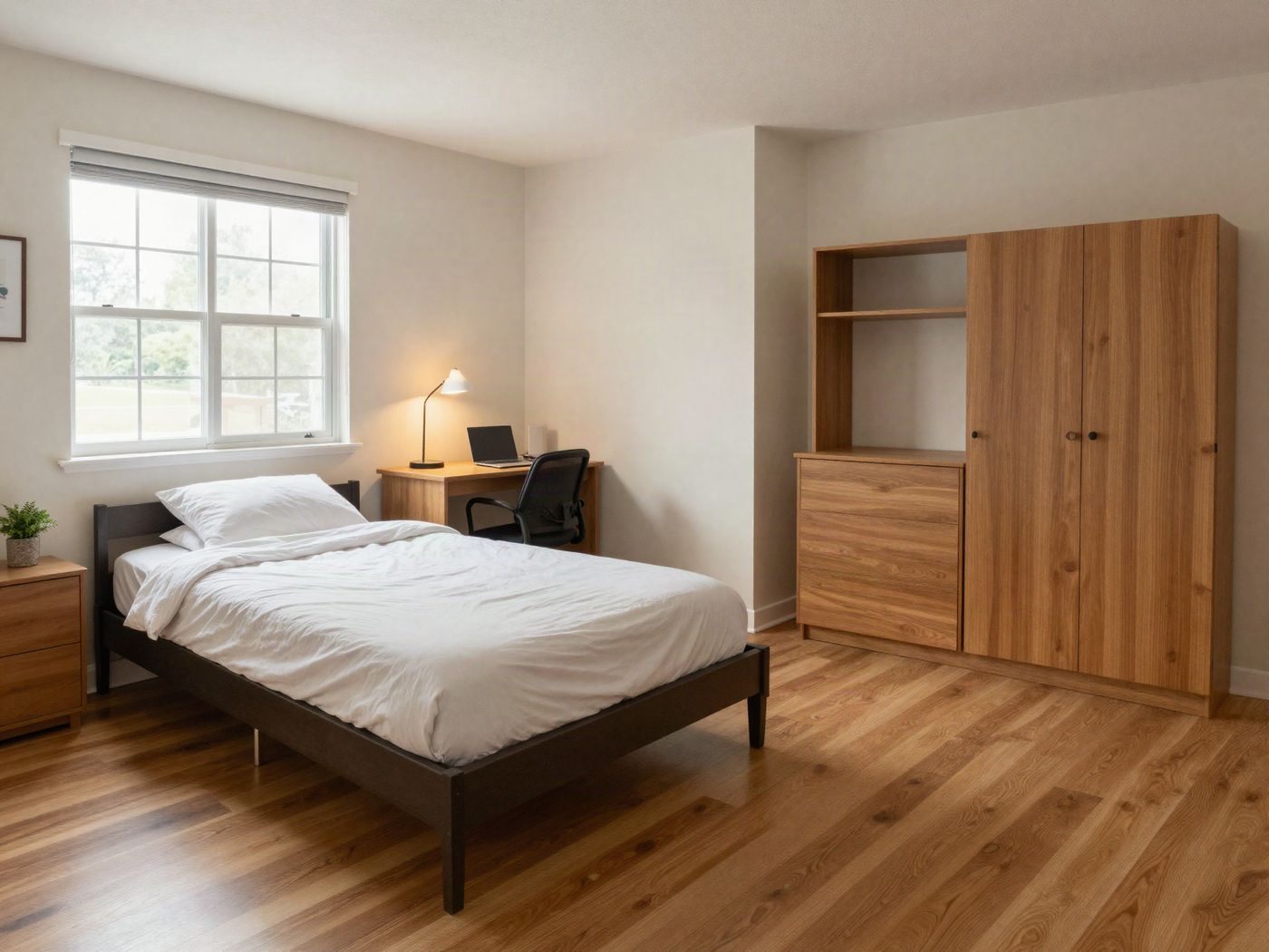 A furnished bedroom with a full bed, a desk and a dresser