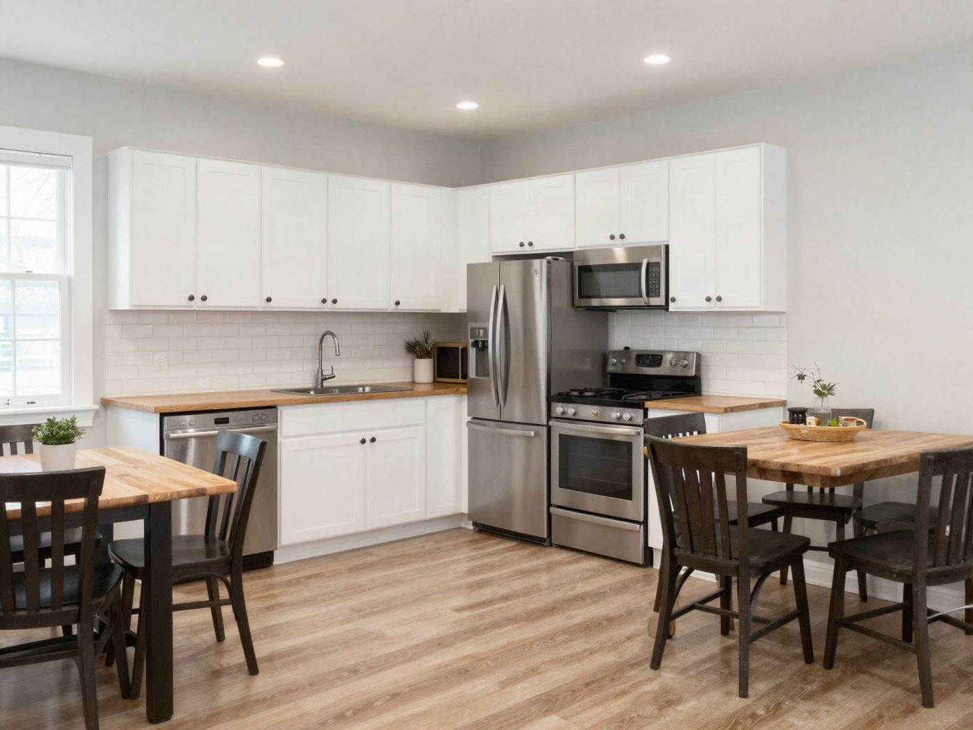 A renovated kitchen with a kitchen table