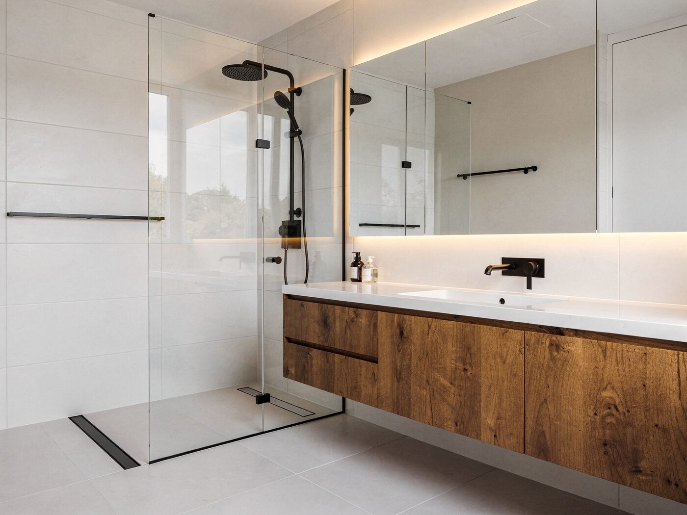 Bathroom with walk-in shower and floating vanity