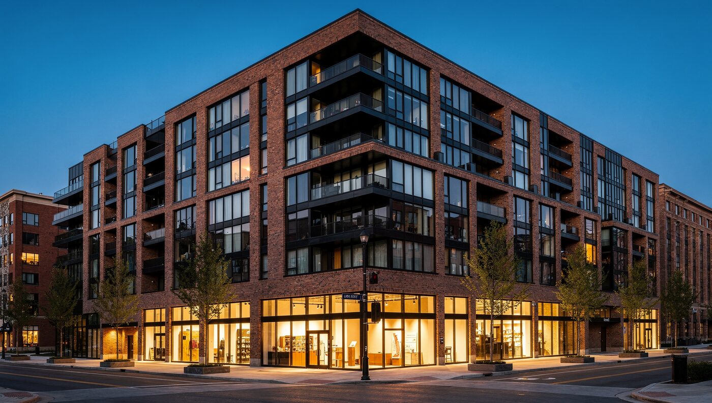 Westline Flats at dusk, a six-story brick apartment building on a corner