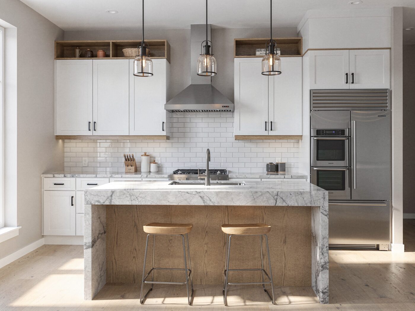 Kitchen with quartz island and stainless appliances